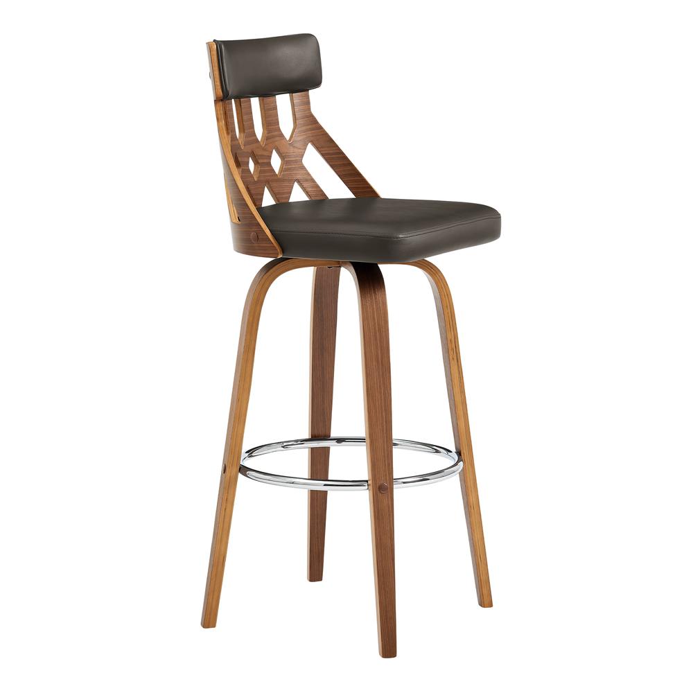 Crux 30" Swivel Bar Stool in Brown Faux Leather and Walnut Wood. Picture 1