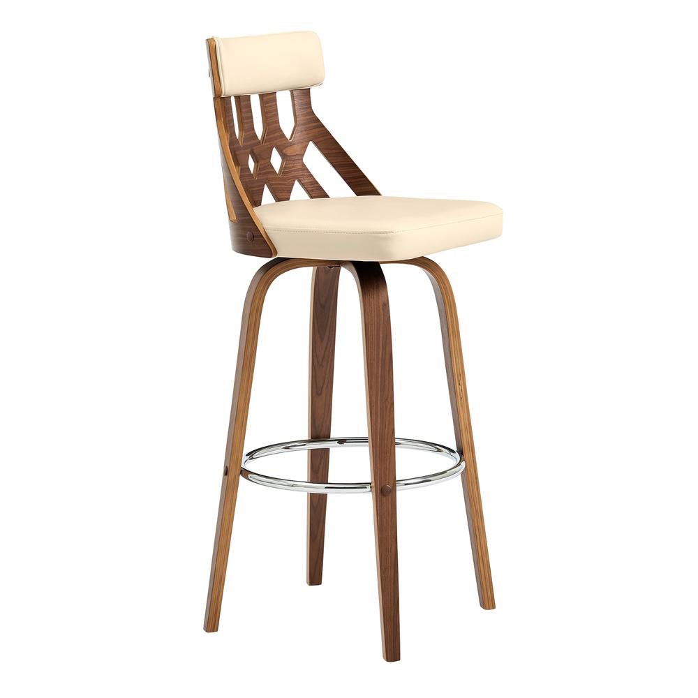 Crux 30" Swivel Bar Stool in Cream Faux Leather and Walnut Wood. Picture 1