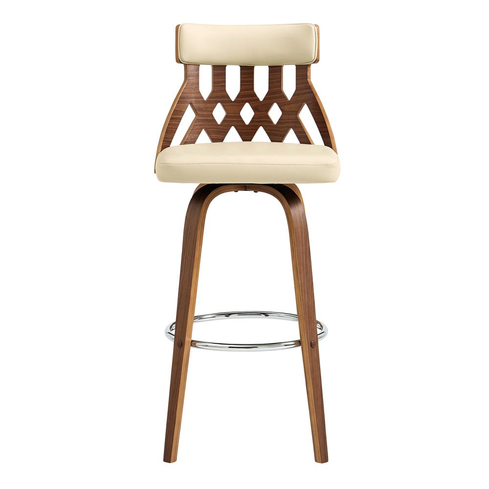 Crux 30" Swivel Bar Stool in Cream Faux Leather and Walnut Wood. Picture 2
