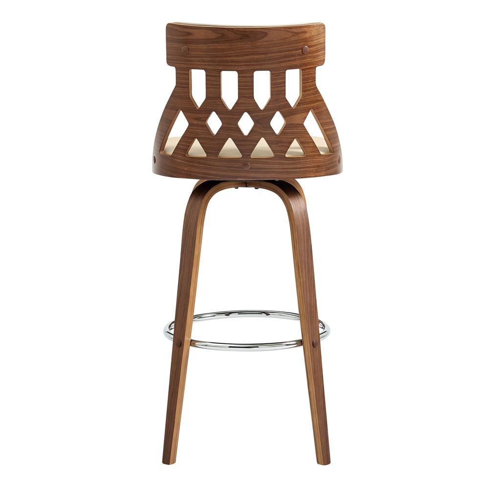 Crux 30" Swivel Bar Stool in Cream Faux Leather and Walnut Wood. Picture 5
