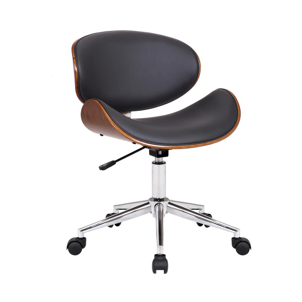 Modern Office Chair In Chrome Finish with Gray Faux Leather And Walnut Veneer Back. Picture 1