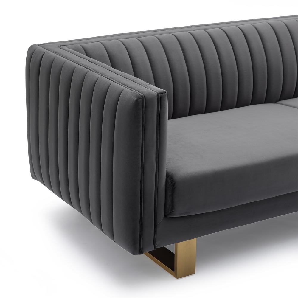 Delilah Dark Grey Velvet Sofa with Matte Gold Legs. Picture 4