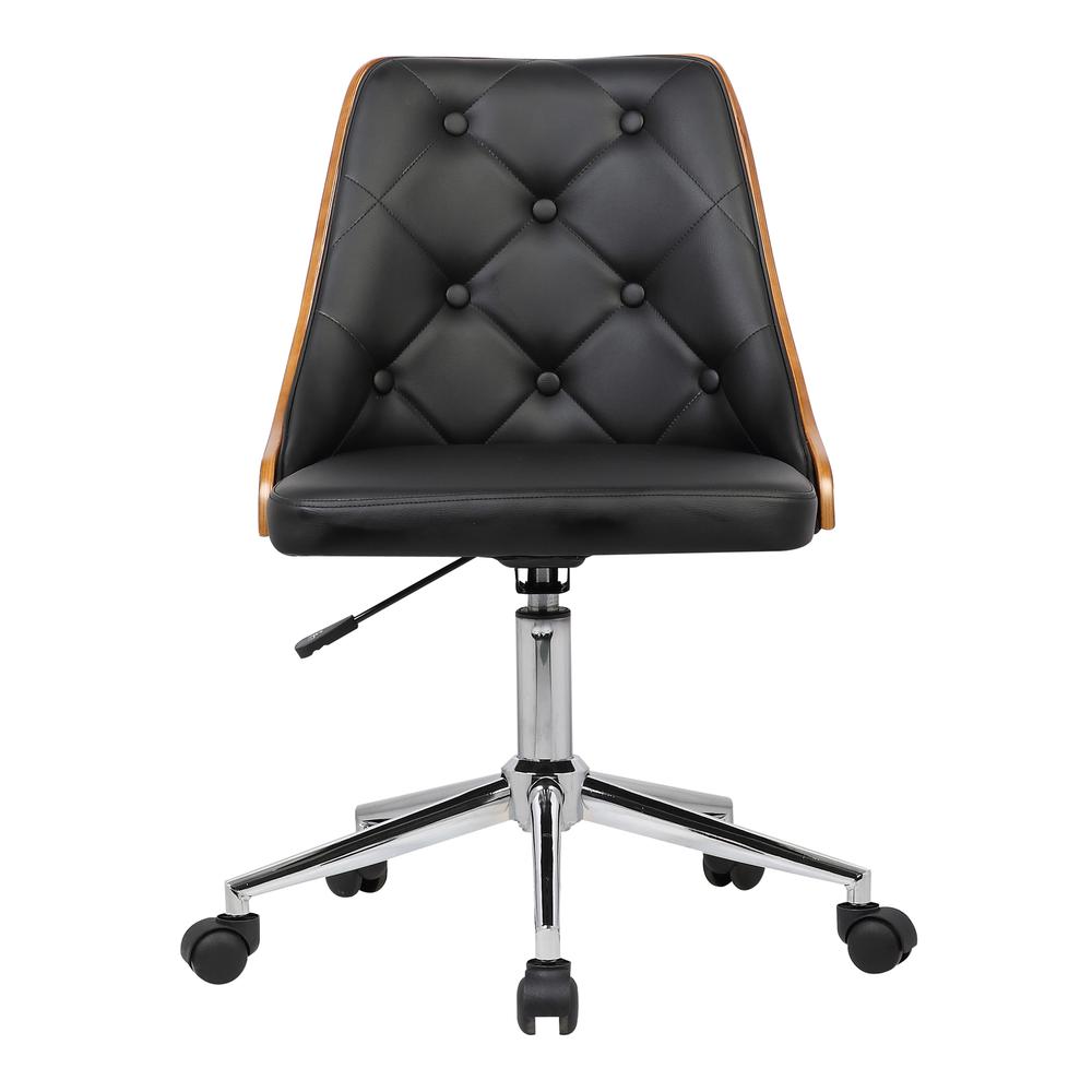 Mid-Century Office Chair in Chrome finish with Tufted Black Faux Leather and Walnut Veneer Back. Picture 2