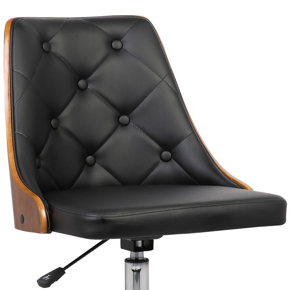 Mid-Century Office Chair in Chrome finish with Tufted Black Faux Leather and Walnut Veneer Back. Picture 5