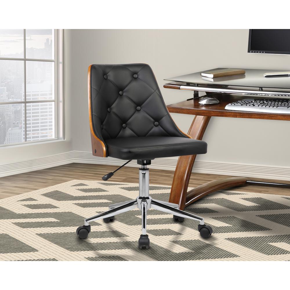 Mid-Century Office Chair in Chrome finish with Tufted Black Faux Leather and Walnut Veneer Back. Picture 8