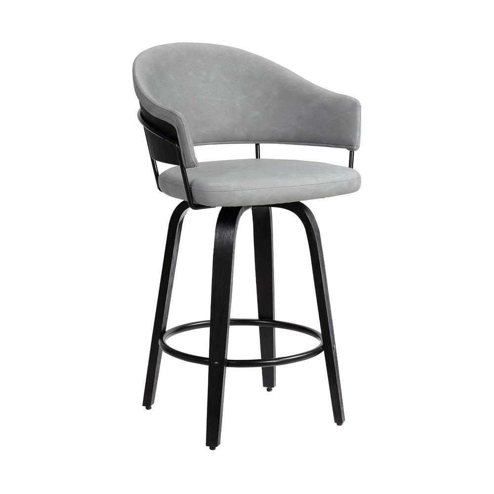 Doral 26" Dark Gray Faux Leather Barstool in Black Powder Coated Finish and Black Brushed Wood. Picture 1