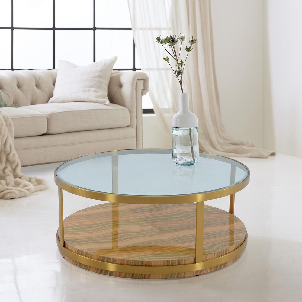 Hattie Glass Top Coffee Table with Brushed Gold Legs. Picture 6