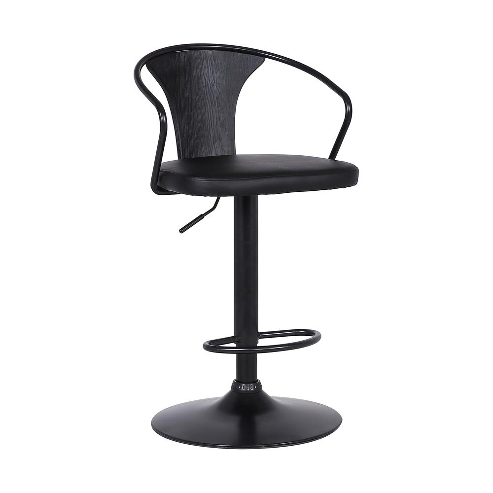 Eagle Contemporary Adjustable Barstool in Black Powder Coated Finish with Black Faux Leather and Black Brushed Wood Finish Back. Picture 1
