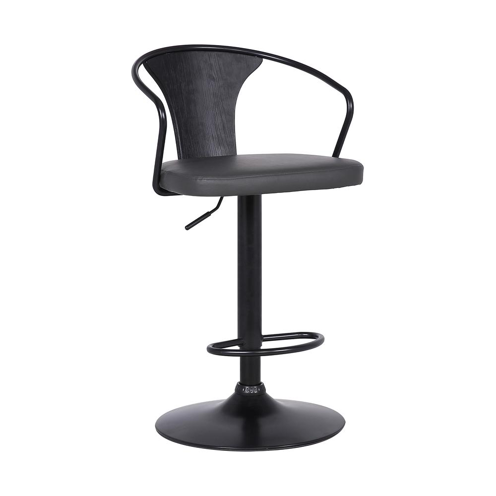 Contemporary Adjustable Barstool in Black Powder Coated Finish with Grey Faux Leather and Black Brushed Wood Finish Back. Picture 1