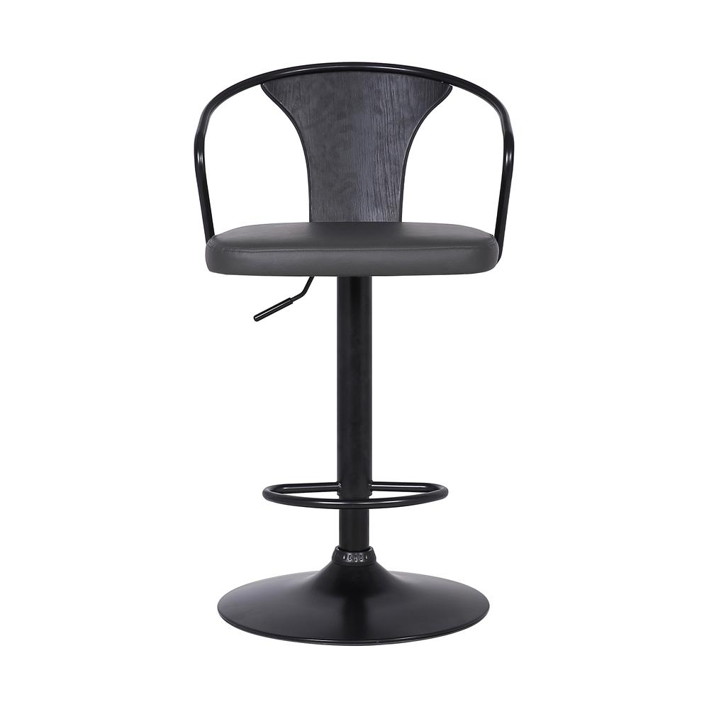 Contemporary Adjustable Barstool in Black Powder Coated Finish with Grey Faux Leather and Black Brushed Wood Finish Back. Picture 2