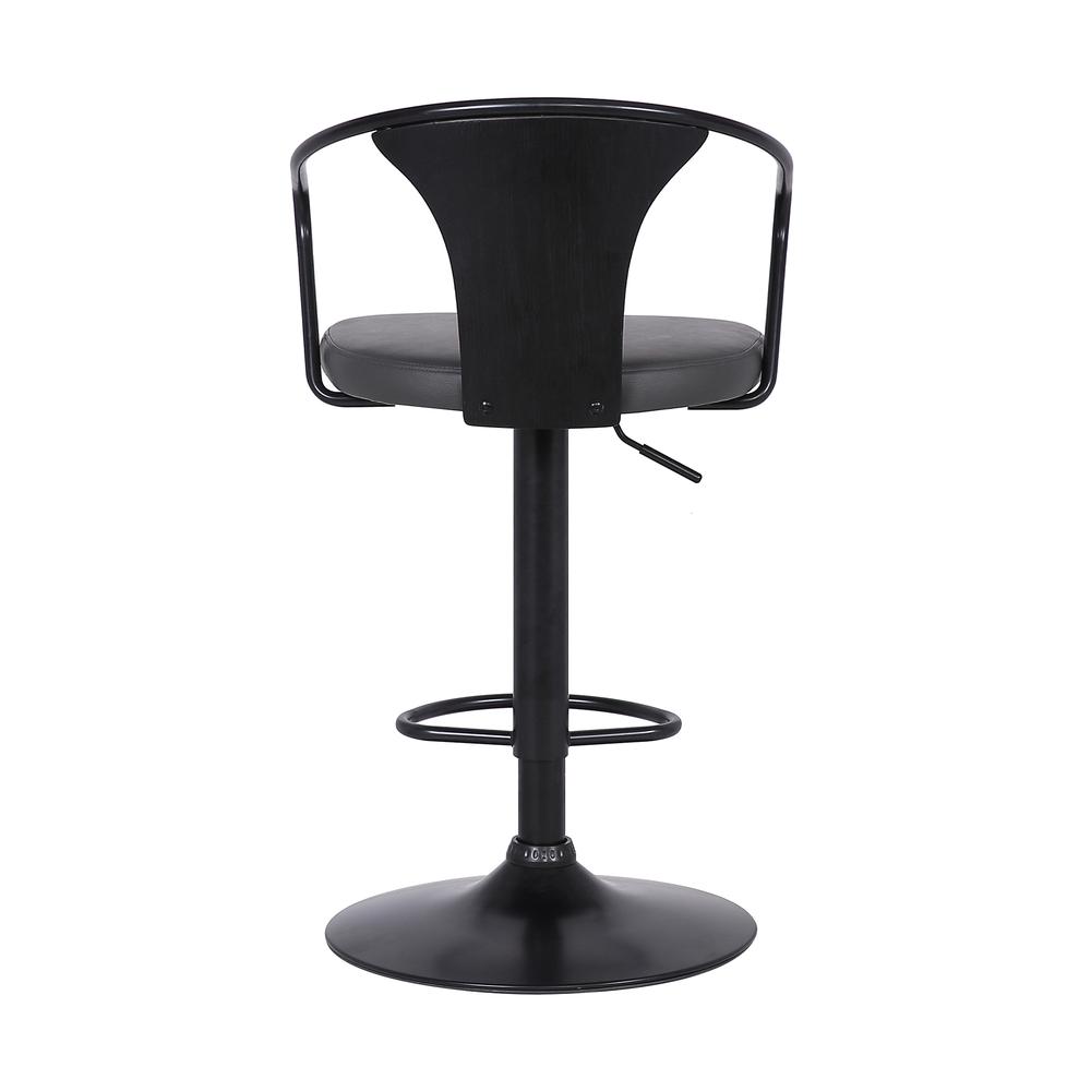 Contemporary Adjustable Barstool in Black Powder Coated Finish with Grey Faux Leather and Black Brushed Wood Finish Back. Picture 4