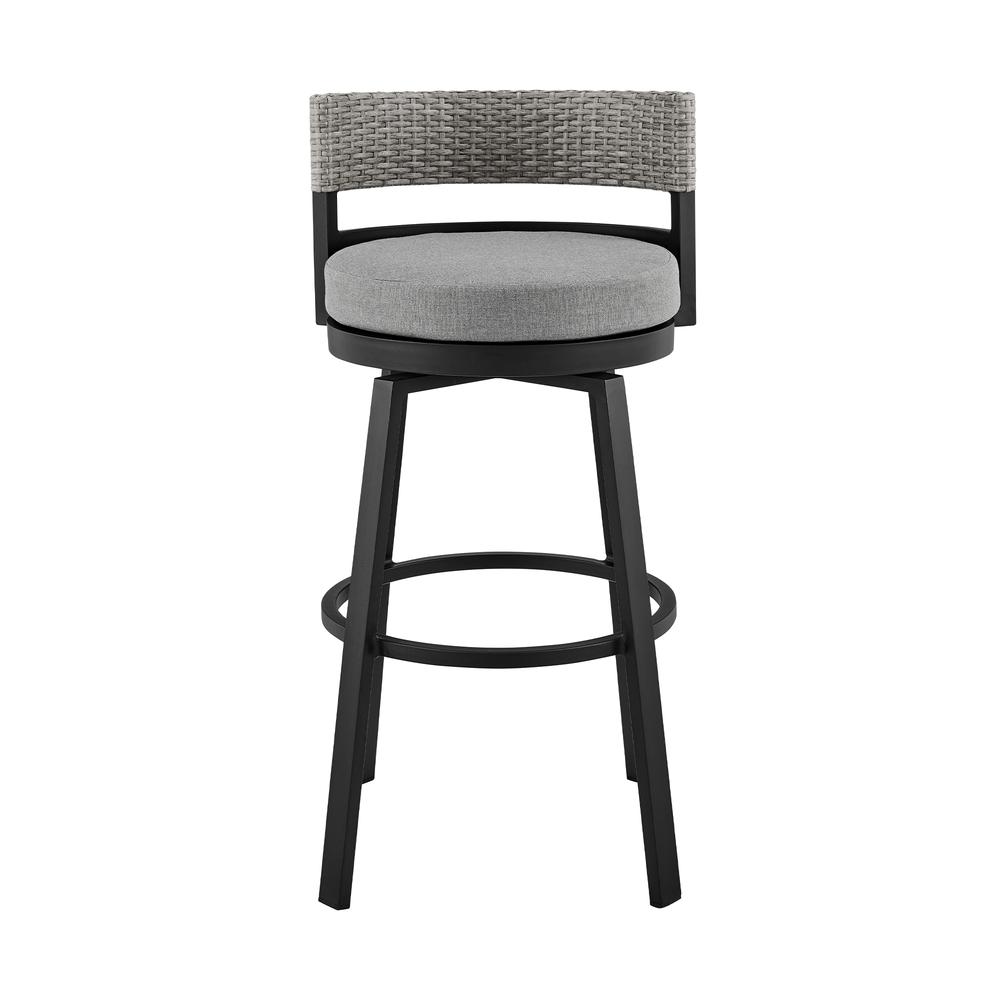 Encinitas Outdoor Patio Counter Height Swivel Bar Stool in Aluminum and Wicker with Grey Cushions. Picture 1