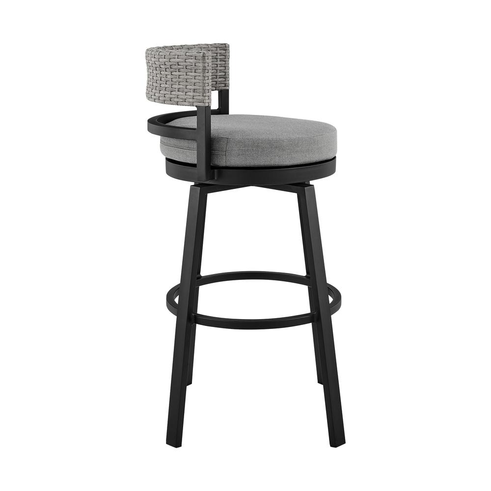 Encinitas Outdoor Patio Counter Height Swivel Bar Stool in Aluminum and Wicker with Grey Cushions. Picture 2