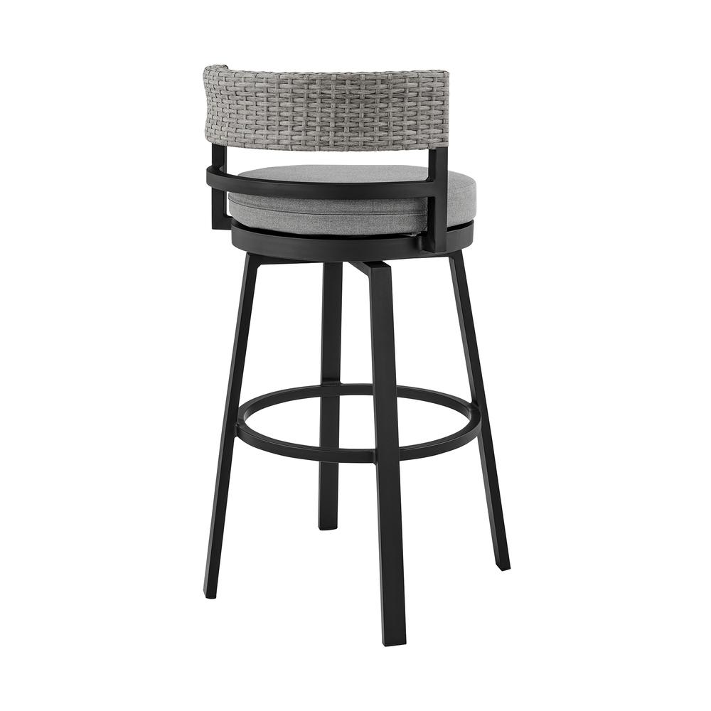 Encinitas Outdoor Patio Counter Height Swivel Bar Stool in Aluminum and Wicker with Grey Cushions. Picture 3