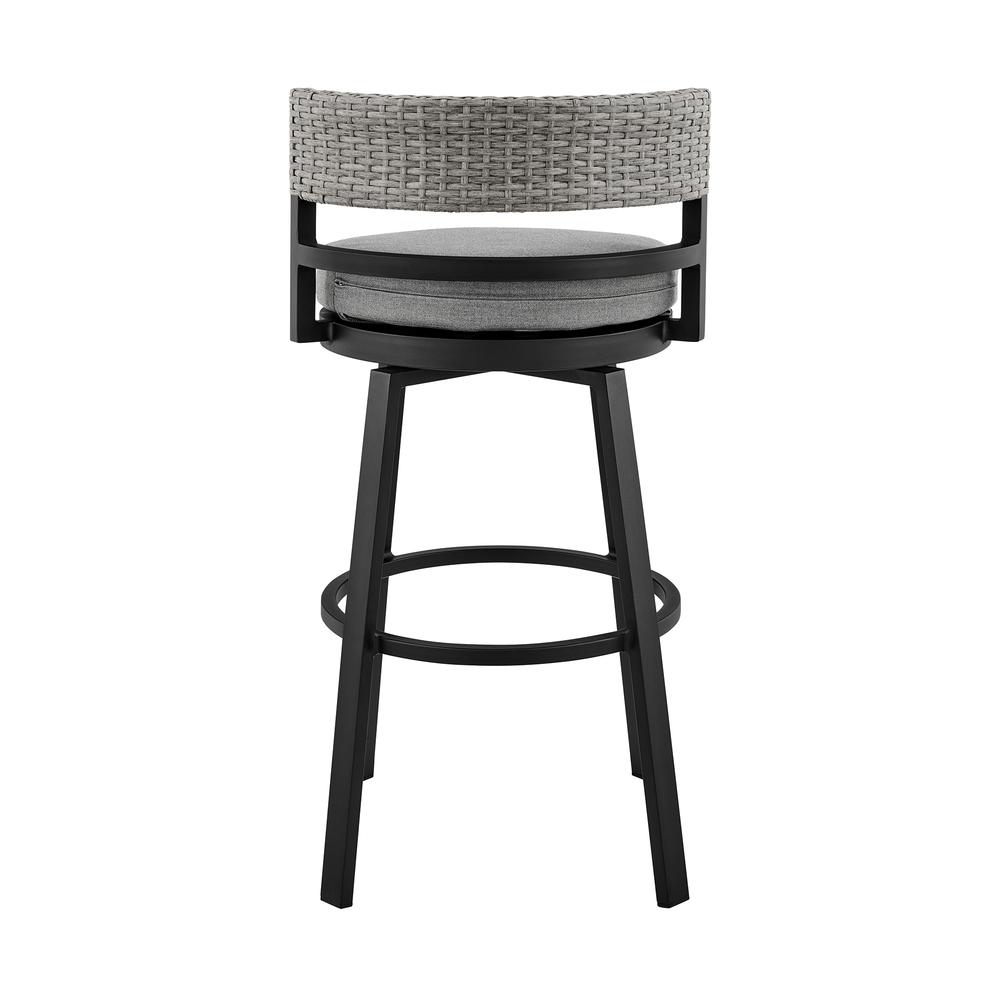 Encinitas Outdoor Patio Counter Height Swivel Bar Stool in Aluminum and Wicker with Grey Cushions. Picture 4