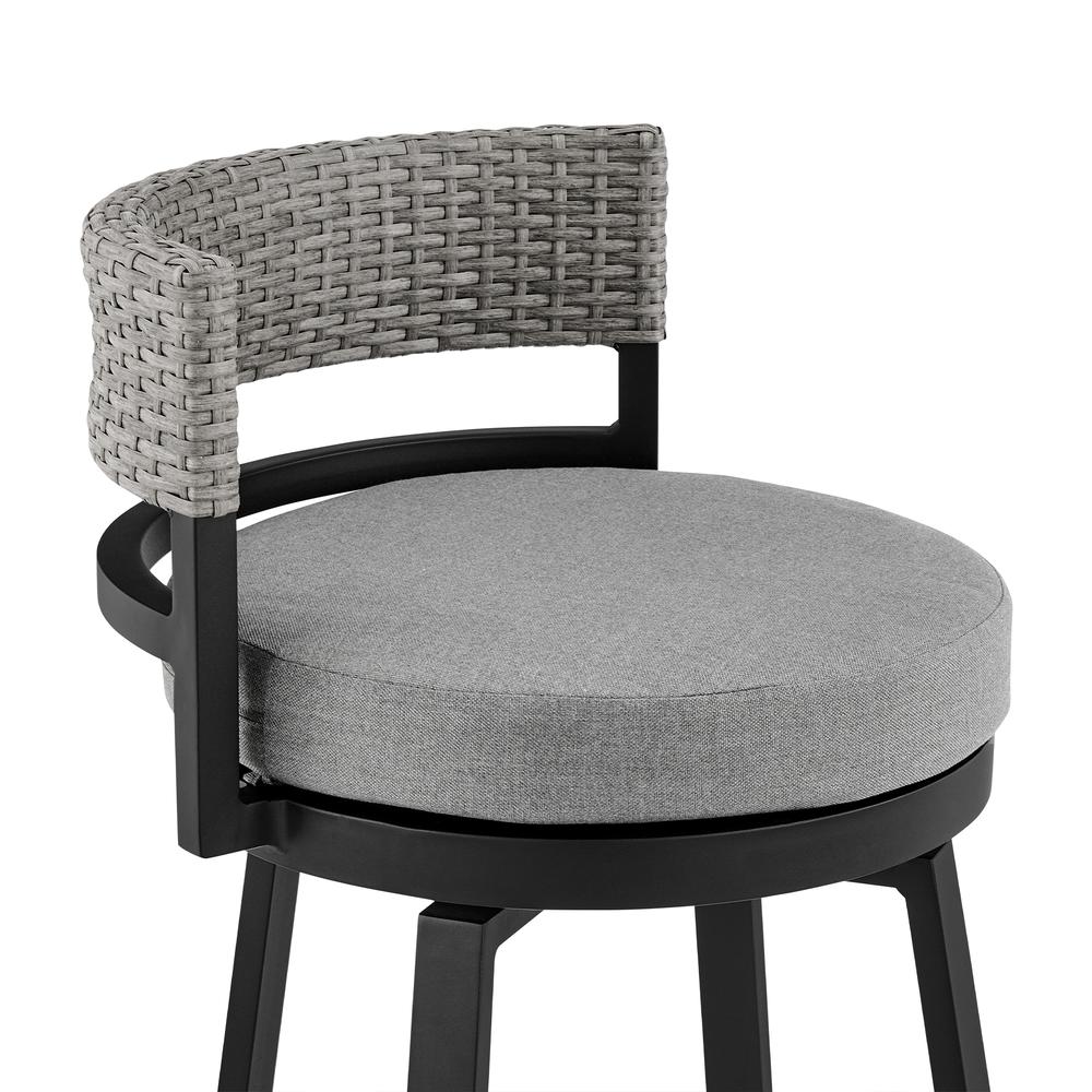 Encinitas Outdoor Patio Counter Height Swivel Bar Stool in Aluminum and Wicker with Grey Cushions. Picture 5