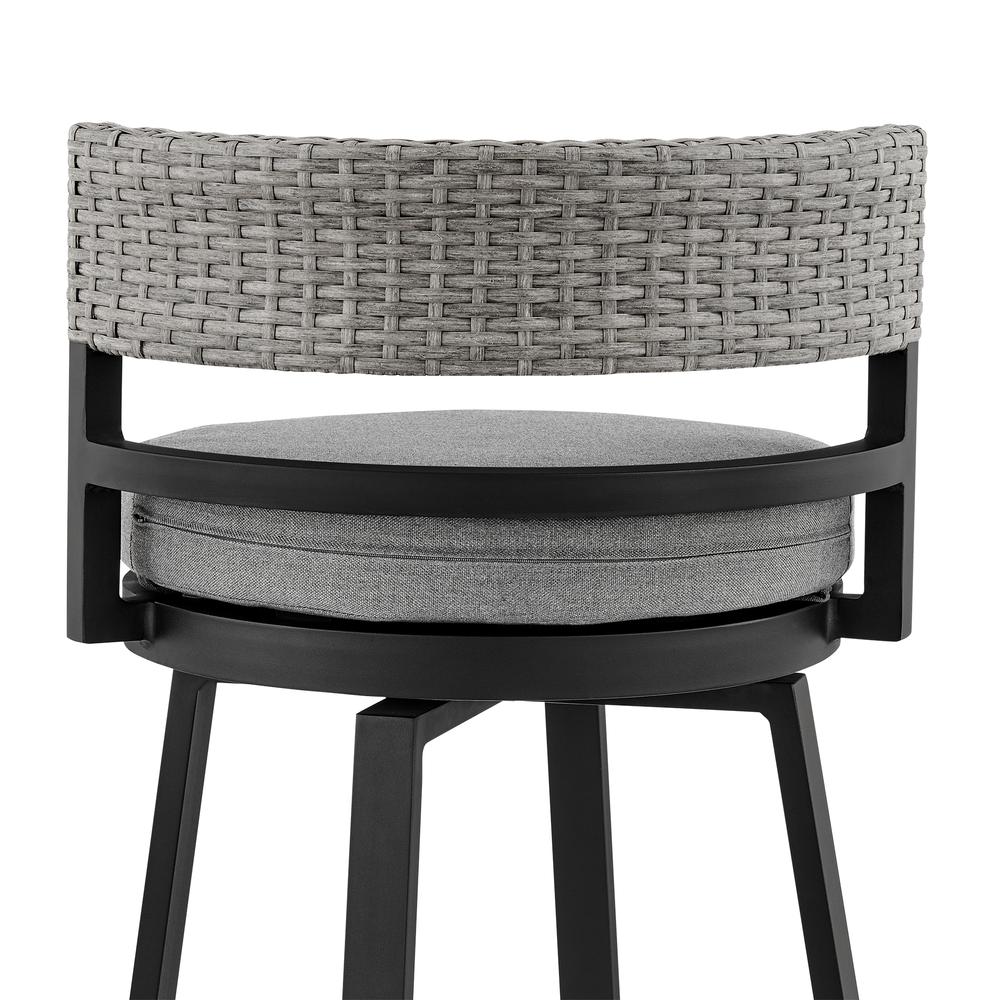 Encinitas Outdoor Patio Counter Height Swivel Bar Stool in Aluminum and Wicker with Grey Cushions. Picture 6