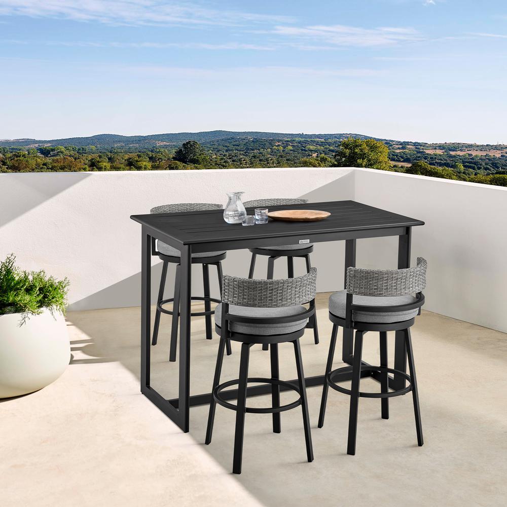 Encinitas Outdoor Patio Counter Height Swivel Bar Stool in Aluminum and Wicker with Grey Cushions. Picture 9