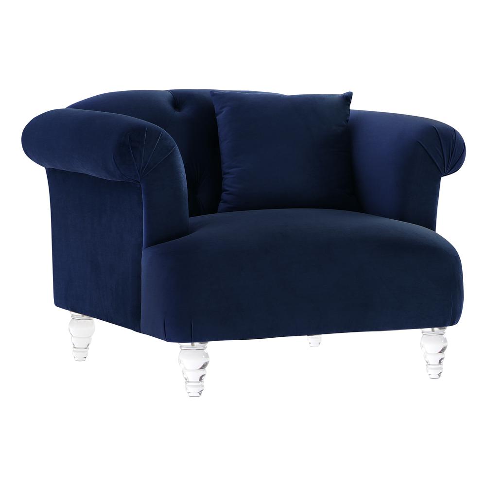 Elegance Contemporary Chair in Blue Velvet with Acrylic Legs. Picture 2