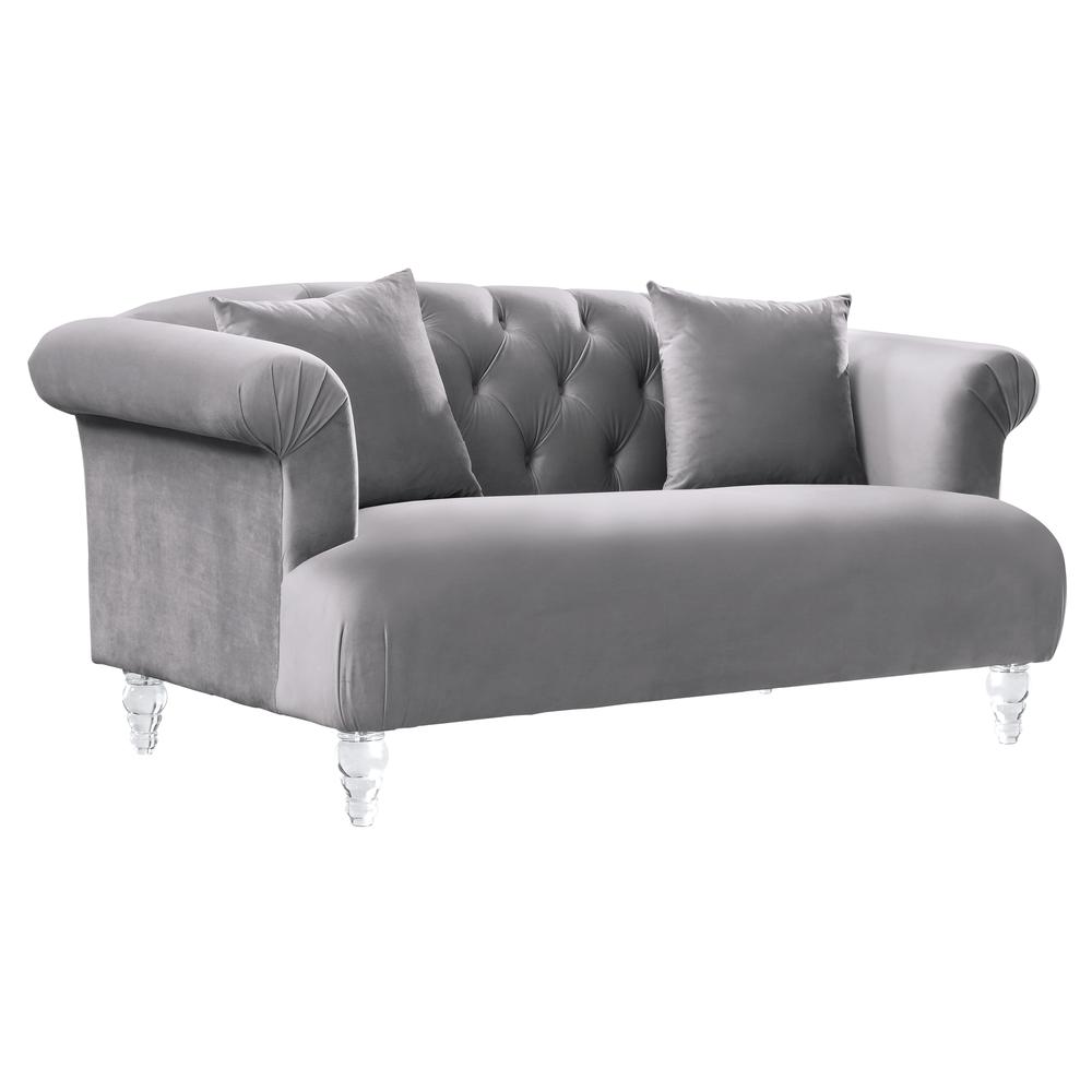 Contemporary Loveseat in Grey Velvet with Acrylic Legs. The main picture.