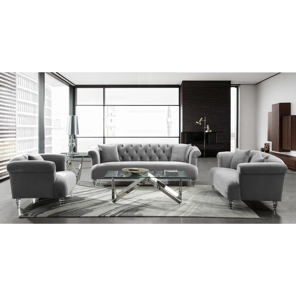 Contemporary Loveseat in Grey Velvet with Acrylic Legs. Picture 4