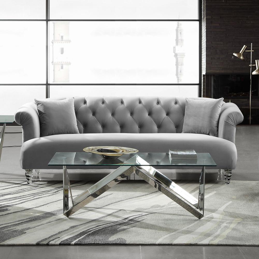 Contemporary Sofa in Grey Velvet with Acrylic Legs. Picture 3