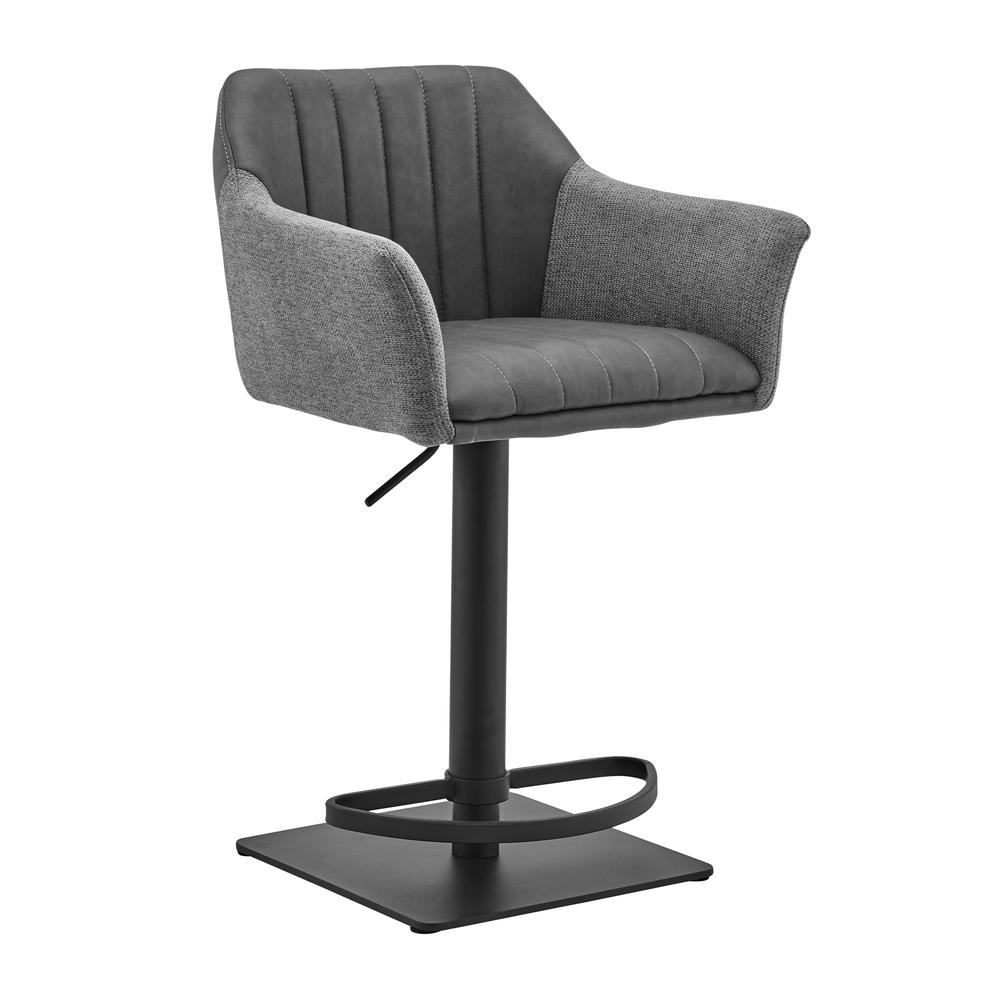 Erin Adjustable Grey Faux Leather and Fabric Metal Swivel Bar Stool. Picture 1