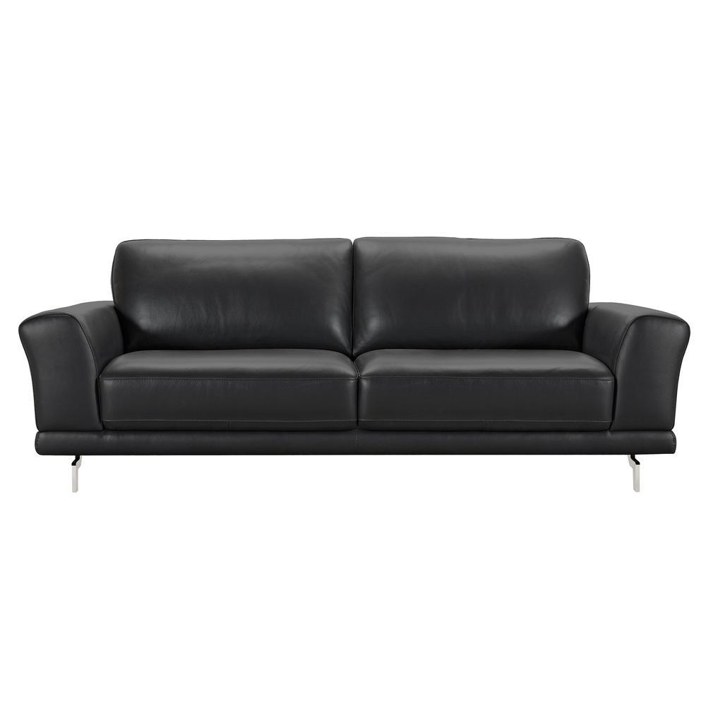Armen Living Everly Contemporary Sofa in Genuine Black Leather with Brushed Stainless Steel Legs. Picture 1