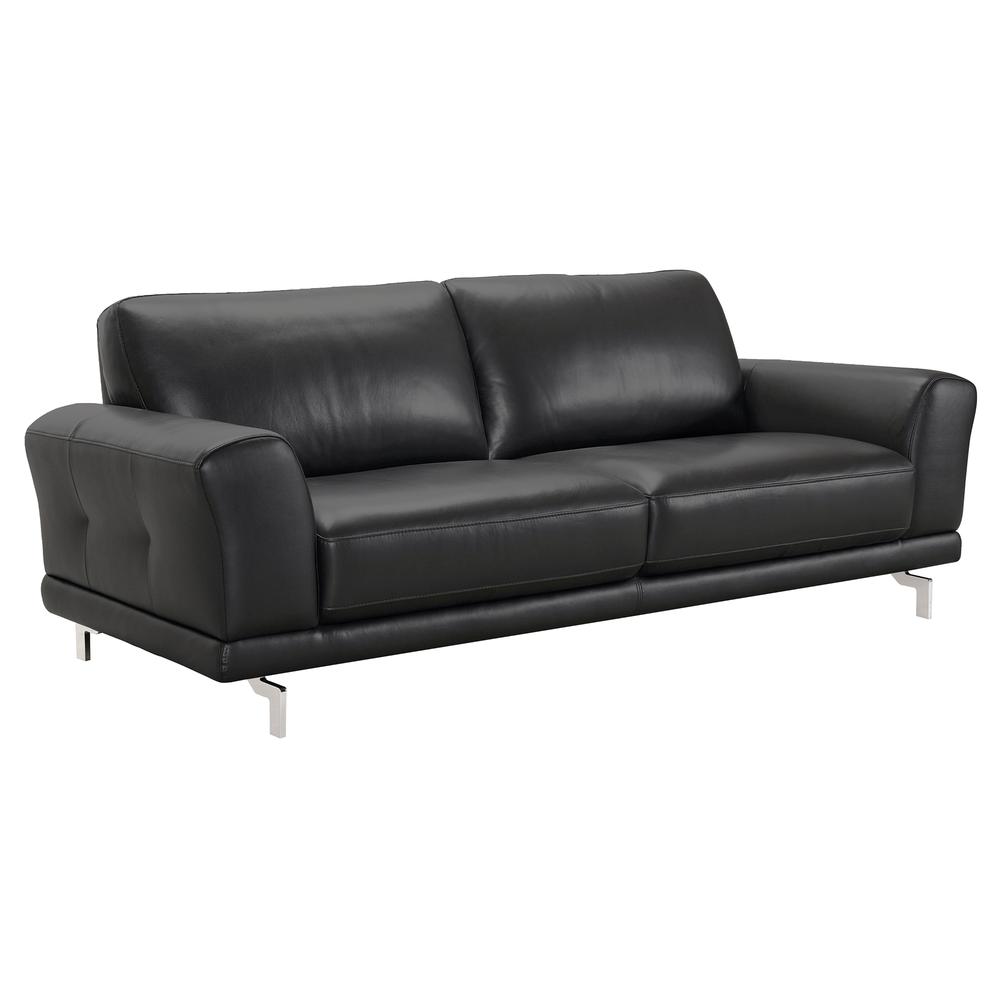 Armen Living Everly Contemporary Sofa in Genuine Black Leather with Brushed Stainless Steel Legs. Picture 2