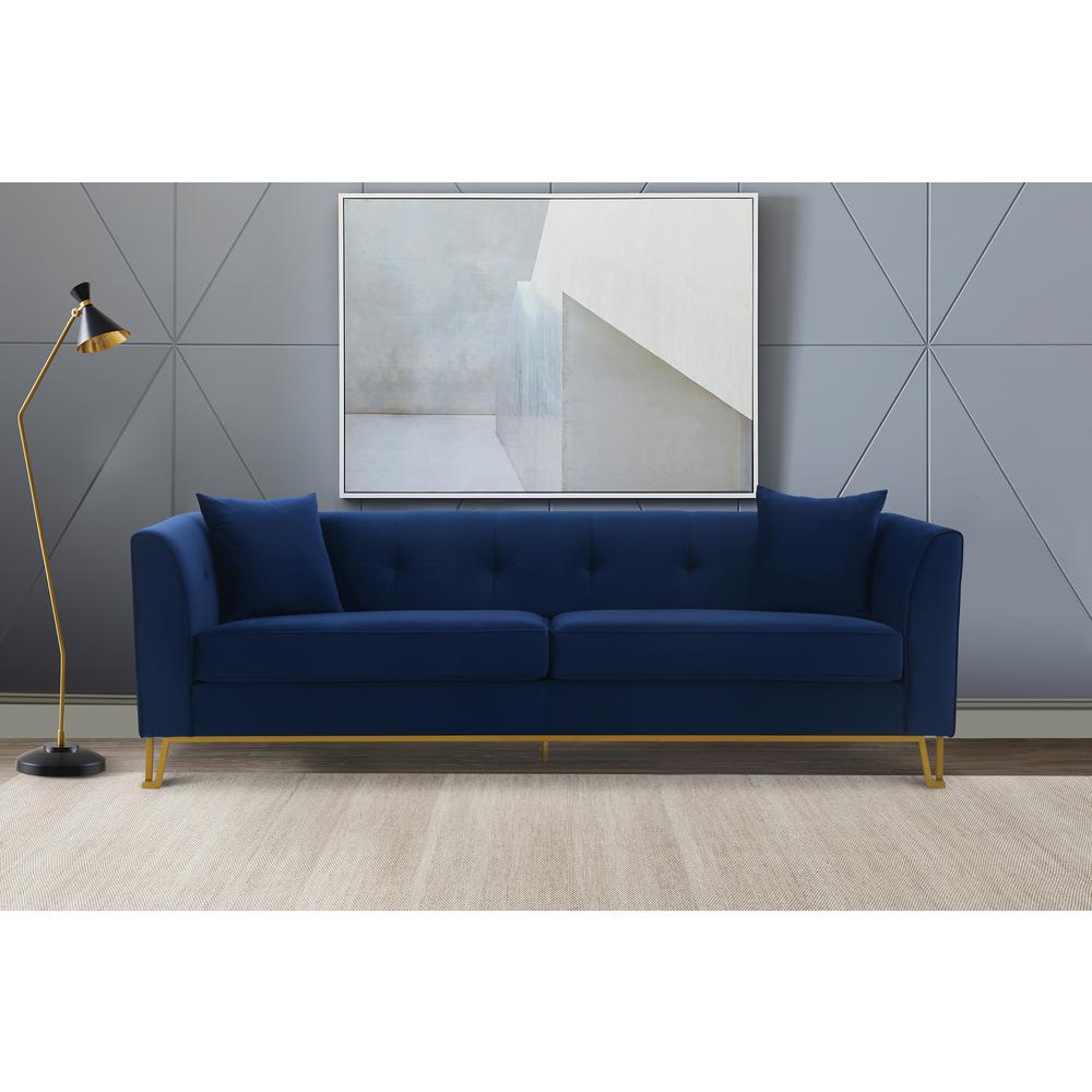 Everest 90" Blue Fabric Upholstered Sofa with Brushed Gold Legs. Picture 2