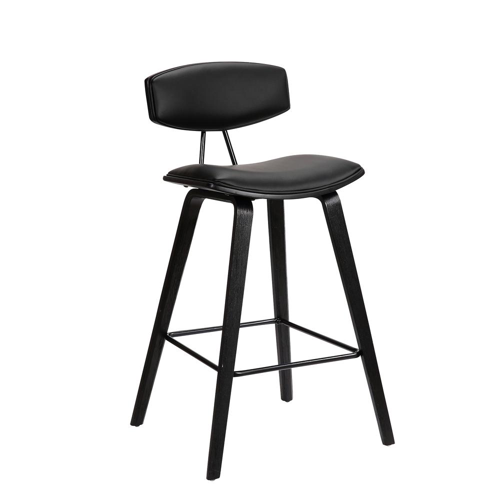 Counter Height Black Faux Leather and Black Wood Mid-Century Modern Bar Stool. Picture 1
