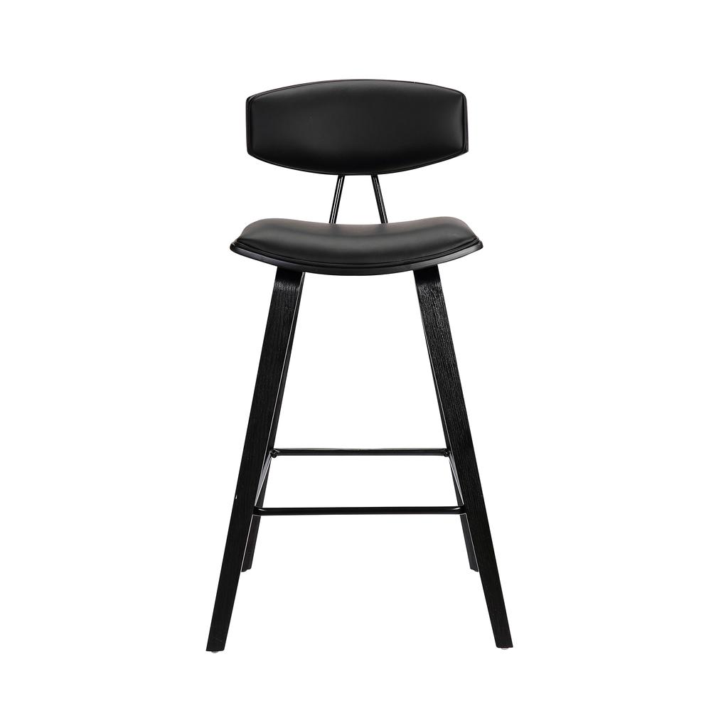 Counter Height Black Faux Leather and Black Wood Mid-Century Modern Bar Stool. Picture 2