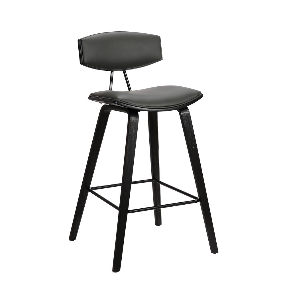 Fox 26" Mid-Century Counter Height Barstool in Grey Faux Leather with Black Brushed Wood. Picture 1