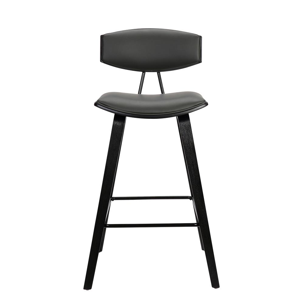 Fox 26" Mid-Century Counter Height Barstool in Grey Faux Leather with Black Brushed Wood. Picture 2