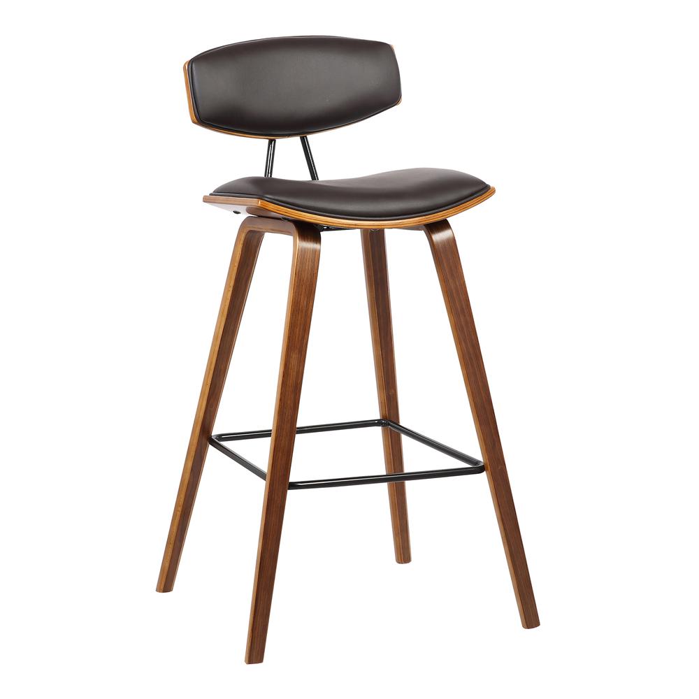 Counter Height Brown Faux Leather and Walnut Wood Mid-Century Modern Bar Stool. Picture 1