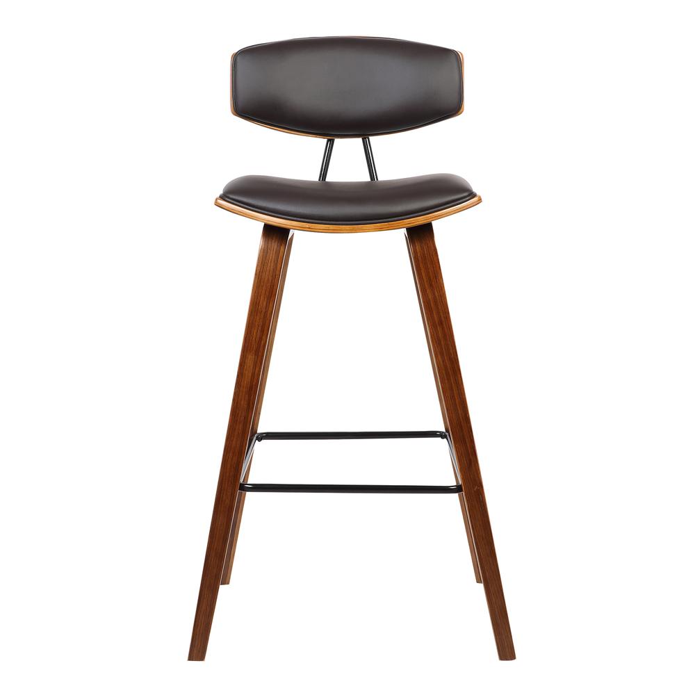 26" Mid-Century Counter Height Barstool in Brown Faux Leather with Walnut Wood. Picture 2