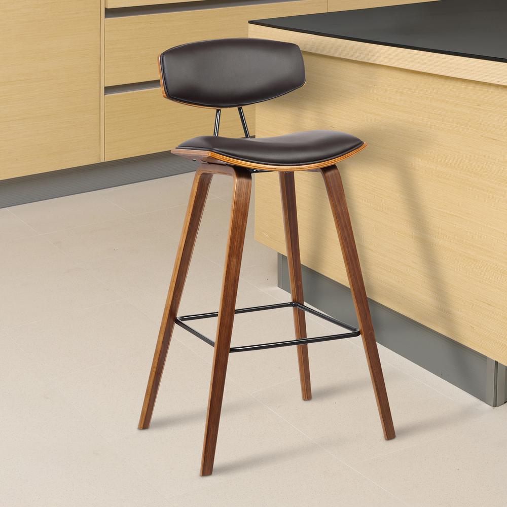 26" Mid-Century Counter Height Barstool in Brown Faux Leather with Walnut Wood. Picture 8