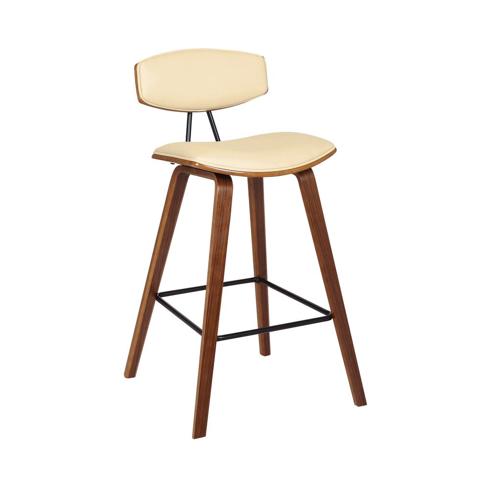 26" Mid-Century Counter Height Barstool in Cream Faux Leather with Walnut Wood. The main picture.