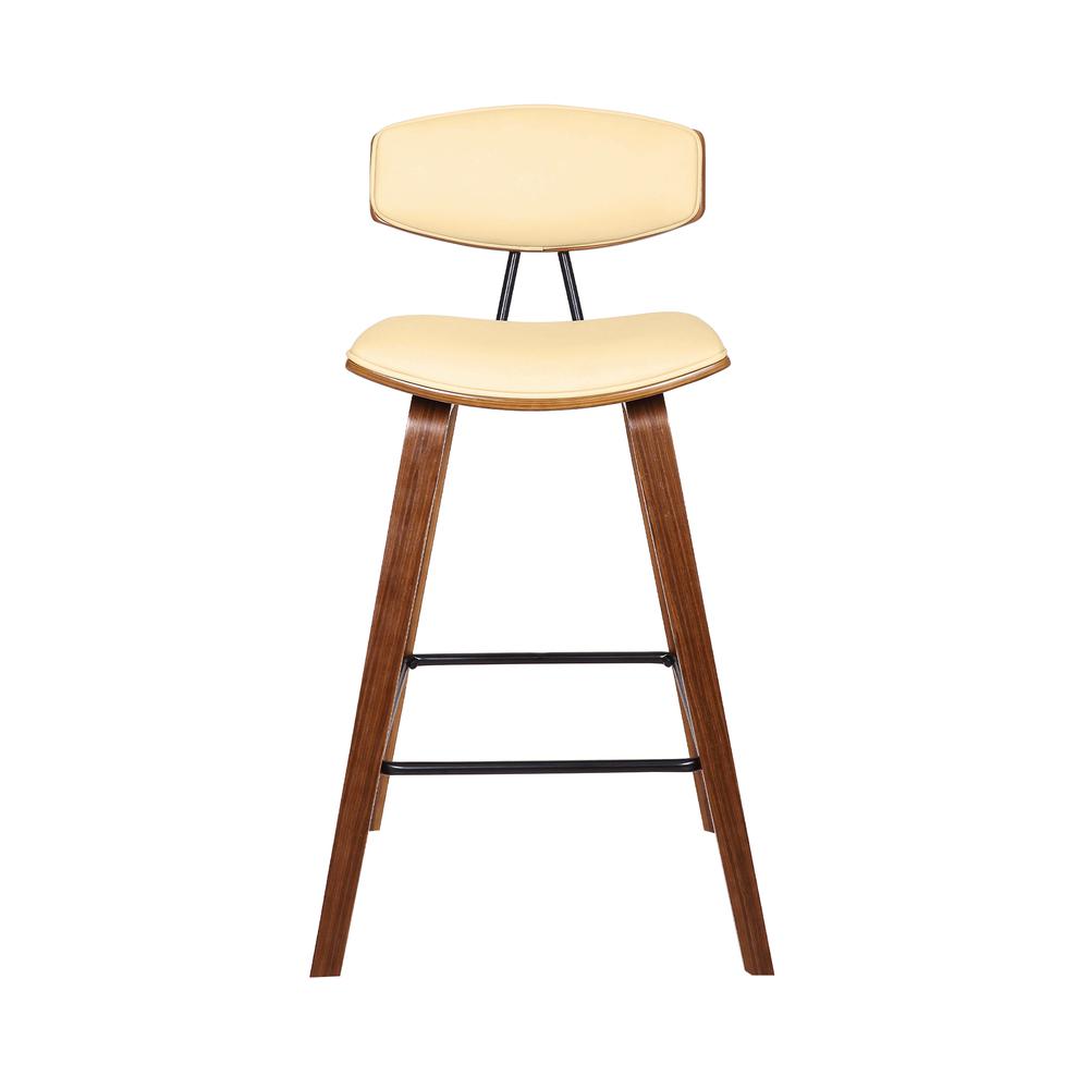 26" Mid-Century Counter Height Barstool in Cream Faux Leather with Walnut Wood. Picture 2