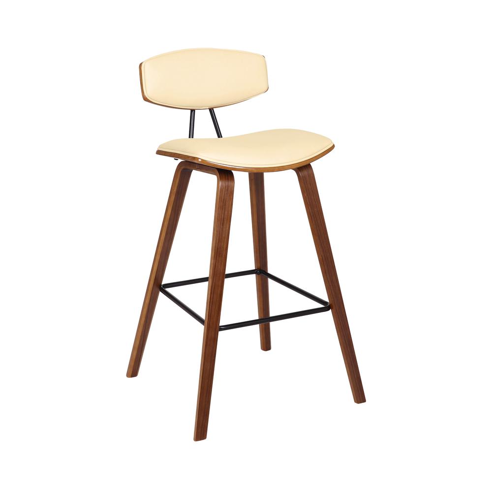 30" Mid-Century Bar Height Barstool in Cream Faux Leather with Walnut Wood. Picture 1