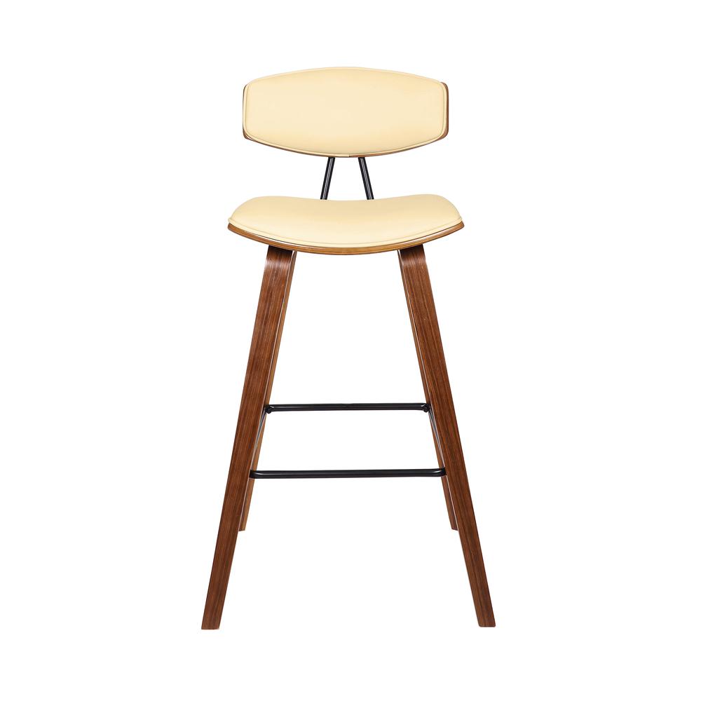 30" Mid-Century Bar Height Barstool in Cream Faux Leather with Walnut Wood. Picture 2