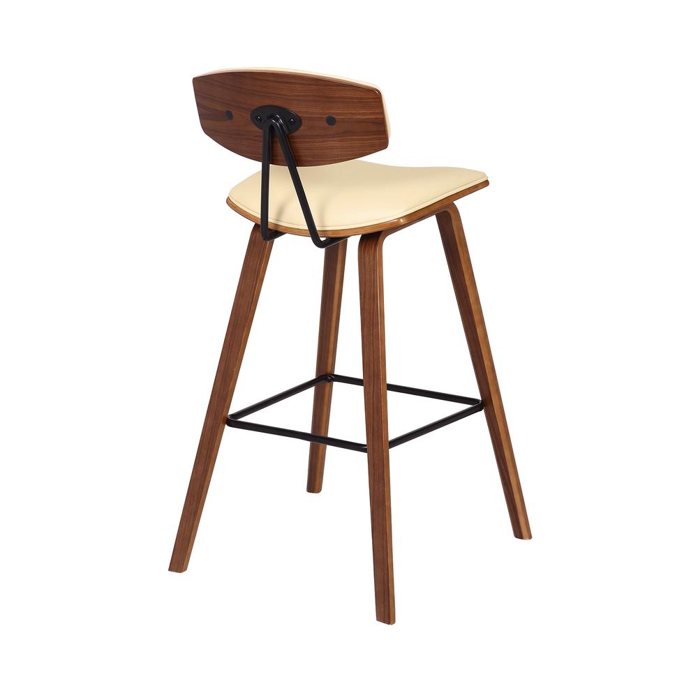 Bar Height Cream Faux Leather and Walnut Wood Mid-Century Modern Bar Stool. Picture 4