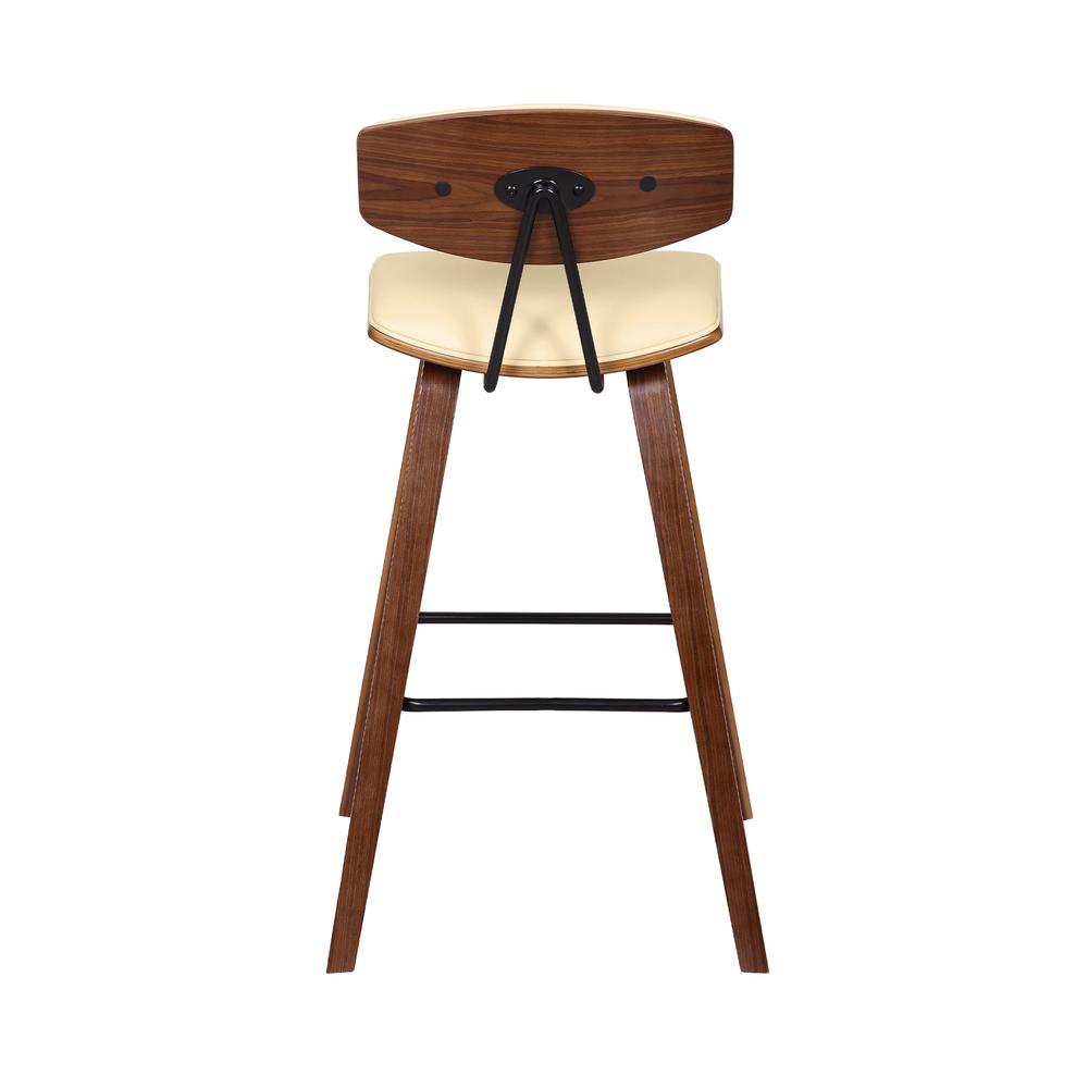 30" Mid-Century Bar Height Barstool in Cream Faux Leather with Walnut Wood. Picture 5