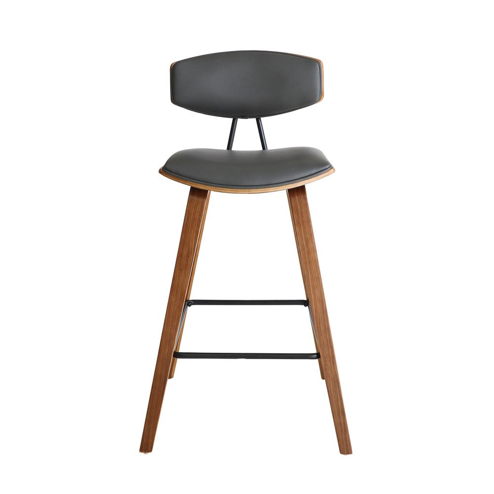 26" Mid-Century Counter Height Barstool in Gray Faux Leather with Walnut Wood. Picture 2