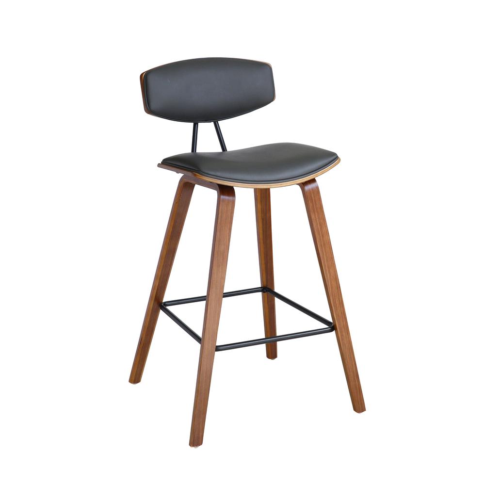 30" Mid-Century Bar Height Barstool in Gray Faux Leather with Walnut Wood. Picture 1