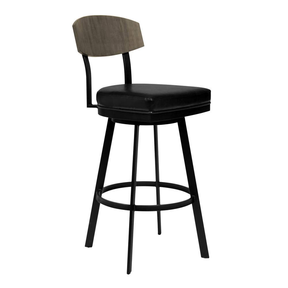 Frisco 30" Bar Height Barstool in Matte Black Finish with Black Faux Leather and Grey Walnut. The main picture.