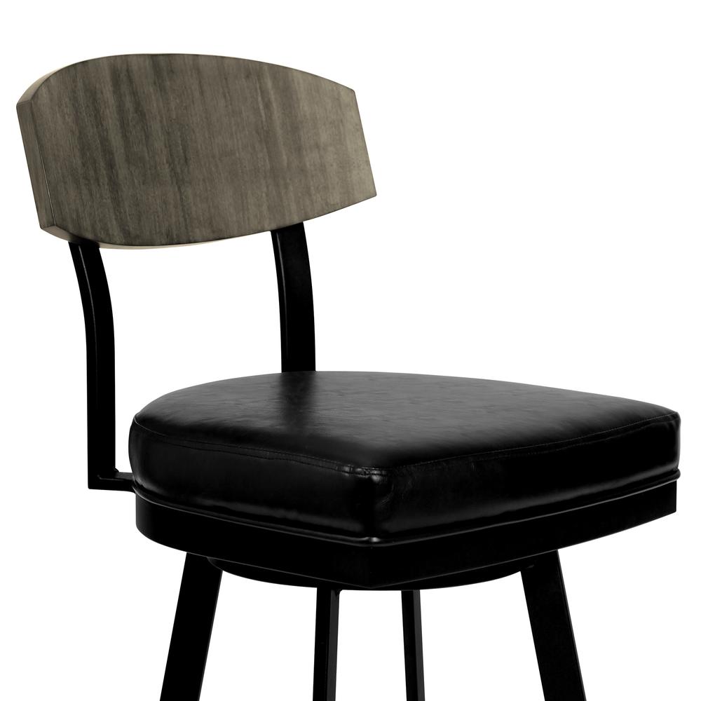 Frisco 30" Bar Height Barstool in Matte Black Finish with Black Faux Leather and Grey Walnut. Picture 3