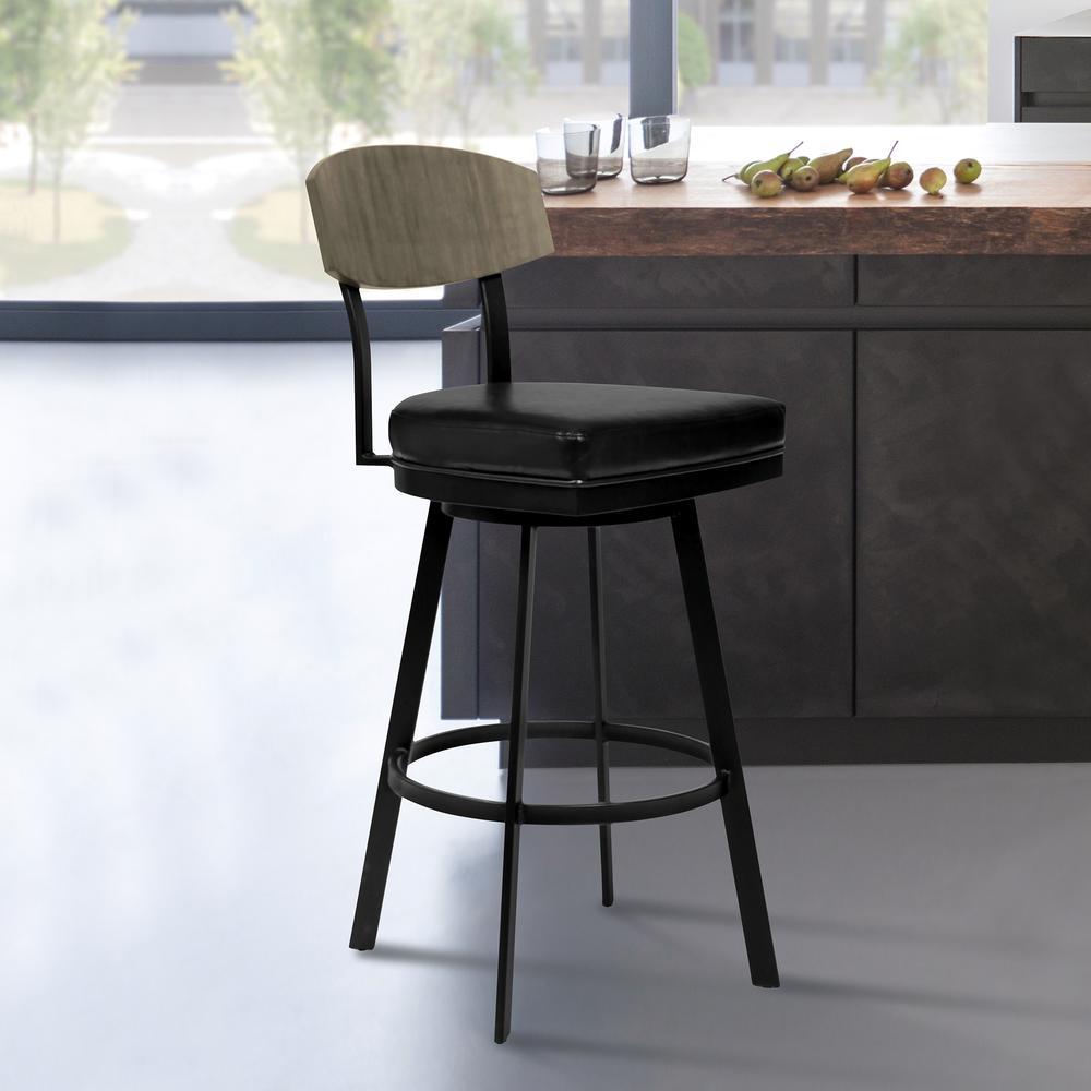 30" Bar Height Barstool in Matte Black Finish with Black Faux Leather and Grey Walnut. Picture 6