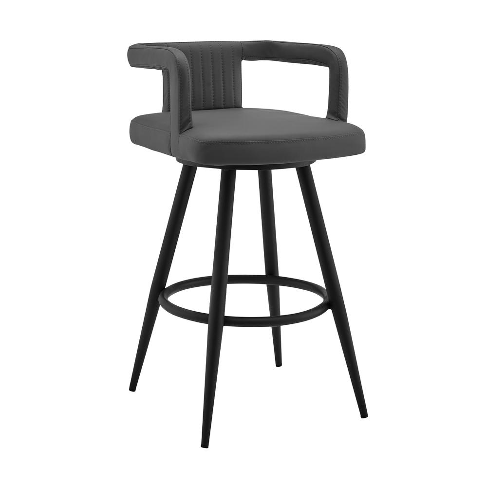 Gabriele 26" Gray Faux Leather and Black Metal Swivel Bar Stool. Picture 1