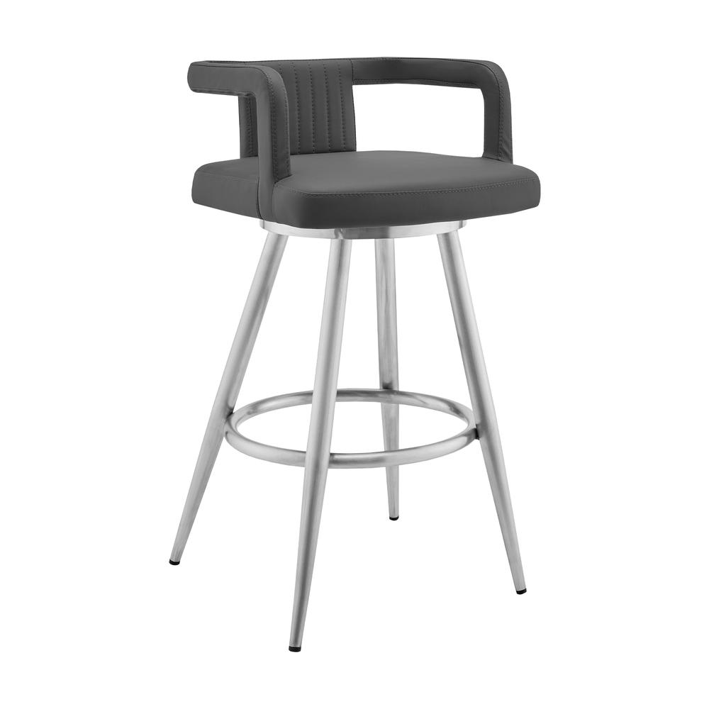 Gabriele 26" Gray Faux Leather and Brushed Stainless Steel Swivel Bar Stool. Picture 1